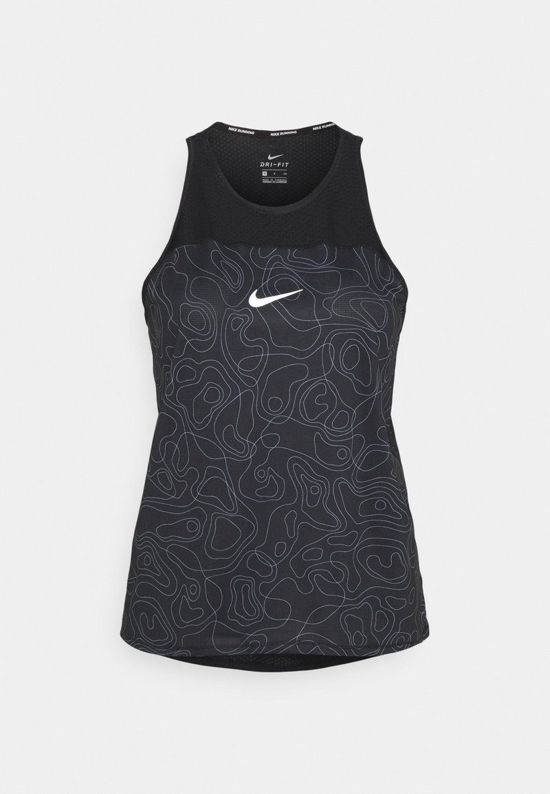 Haut de course sans manches Nike Dri-Fit noir avec motif de lignes de contour blanches et logo Nike swoosh blanc à l'avant.