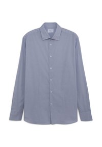 Camicia con bottoni in un motivo geometrico blu e bianco, maniche lunghe, colletto classico, tessuto morbido, patta frontale con bottoni.