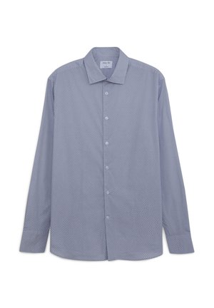 Hemd mit Knopfleiste in blau-weißem geometrischen Muster, lange Ärmel, klassischer Kragen, weicher Stoff, Frontleiste mit Knöpfen.