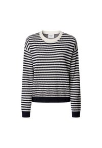 Marinblå och vitrandig tröja med rundad hals, ribbade mudd- och nederkanter. Texturerat stickat material med avslappnad passform och långa ärmar.