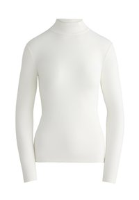 Biele dlhé tričko s rolákom, vyrobené z rebrovanej látky, s priliehavým strihom a vysokým golierom pre elegantnú siluetu.