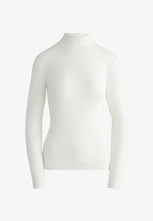 Top a maniche lunghe bianco con collo alto realizzato in tessuto a costine, caratterizzato da un design aderente e un collo alto per una silhouette elegante.