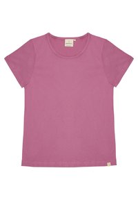 T-shirt rosa a maniche corte realizzato in tessuto morbido. Presenta un collo rotondo, un orlo dritto e un piccolo etichetta in basso a sinistra.