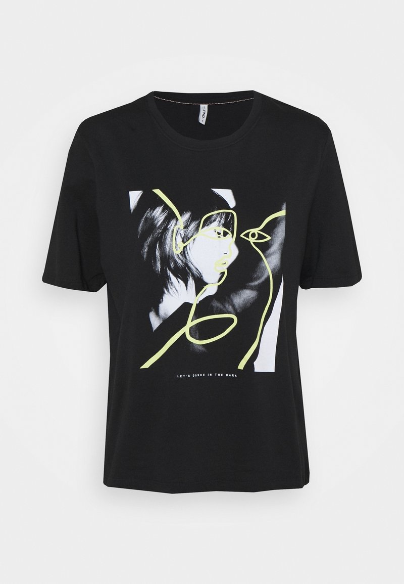 Musta puuvillainen t-paita, jossa on kasvojen graafinen kuva keltaisin viivakorostuksin ja alla teksti "LET'S DANCE IN THE DARK".