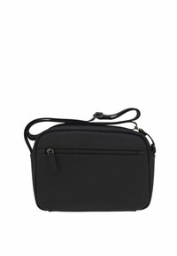 Sac bandoulière noir en matériau lisse, avec une poche avant zippée, une sangle réglable et une forme rectangulaire.