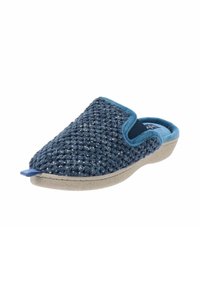 Zapatilla de tela tejida azul con superficie texturizada, punta redondeada y ribete azul en contraste; suela acolchada para mayor comodidad.