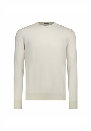 Pull en tricot beige clair avec col rond, manches longues et bords côtes au niveau de l'ourlet et des poignets. Texture lisse sans motifs ni accents visibles.