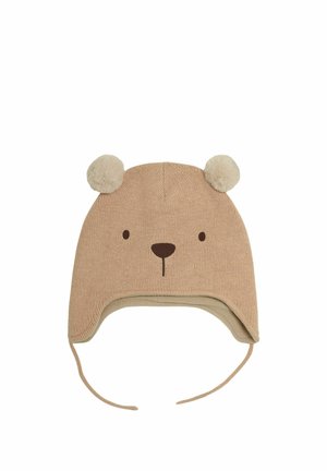 Beige strikhue til børn til vinter med broderet bjørneansigt, to pompon-ører, øreklapper og bånd til at fastgøre under hagen.