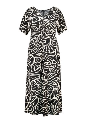 Robe maxi noire et blanche avec un motif floral abstrait, présentant des manches courtes, un décolleté en V et un design à l'avant tordu.