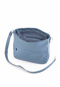 Weiche, strukturierte blaue Lederhandtasche mit einem Reißverschluss oben, verstellbarem Schultergurt und Innenfach. Minimalistisches Design ohne Hardwareakzente.