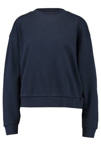 Sweat-shirt court bleu marine en coton doux, avec col rond, épaules tombantes et poignets côtelés. Texture lisse sans motifs.