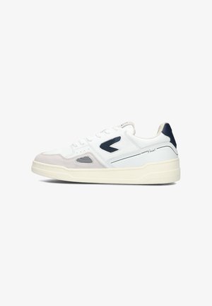 Weiße Sneakers aus Leder mit marineblauen und beige Akzenten, strukturierten Seitenpanels und einer cremefarbenen Gummisohle. Verfügt über Perforationen für Atmungsaktivität.