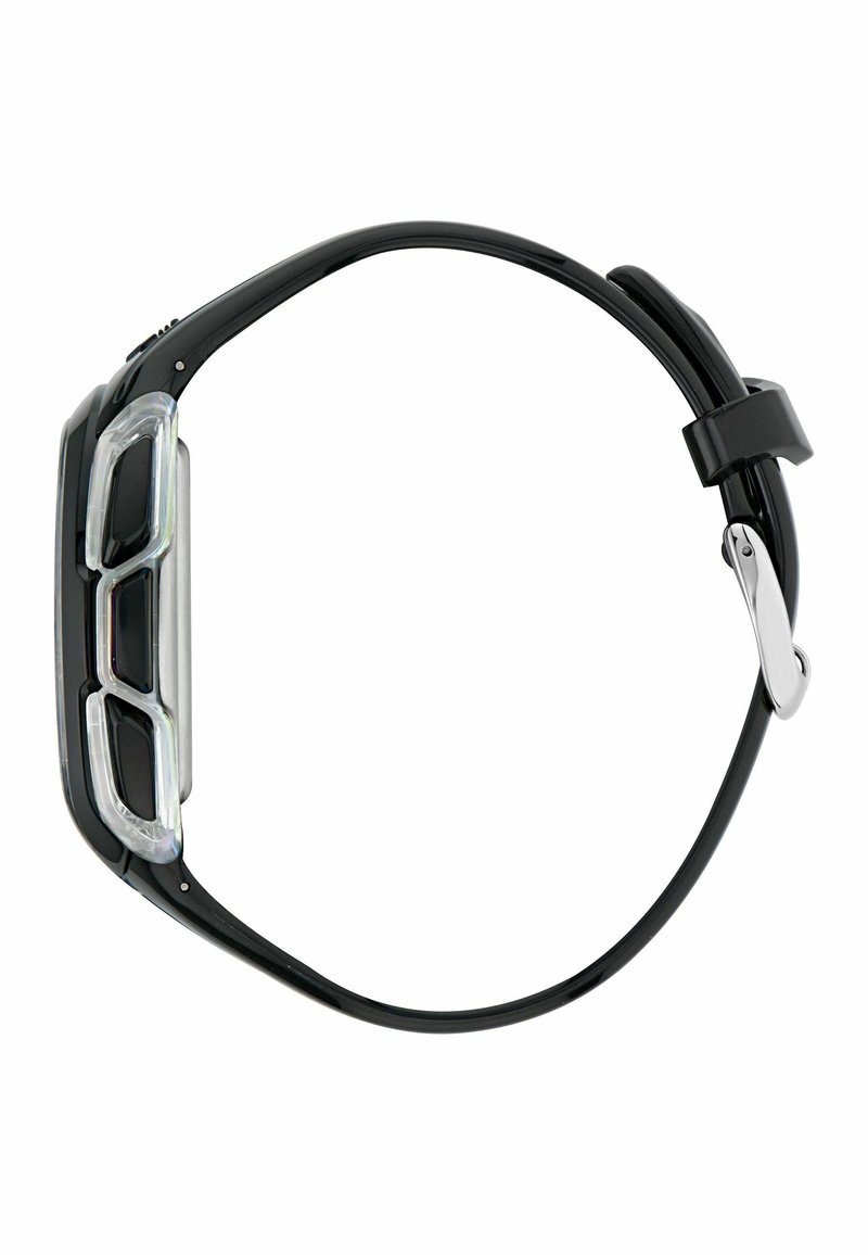 Schwarze Smartwatch mit abgerundet rechteckigem Zifferblatt, transparenten Akzenten und glänzendem Armband. Verfügt über metallische Hardware und ein elegantes Design.