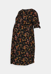 Schwarzes Blumenkleid mit rundem Ausschnitt, Puffärmeln und taillierter Passform in lockerer Silhouette, verziert mit mehrfarbigen Blumenmustern.