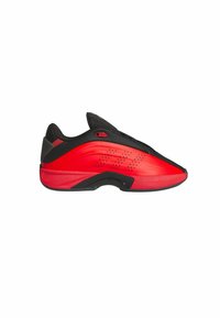 Red and black sneaker with a streamlined design, textured upper, and mesh sections. Features a curved sole and ventilation perforations.
