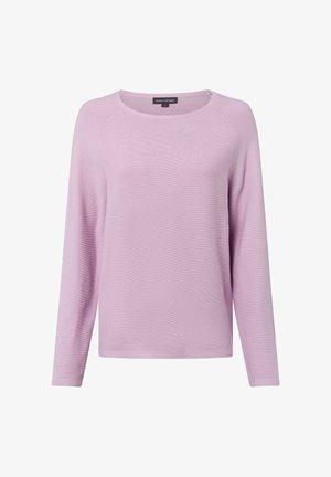 Lichtpaarse lange mouwen gebreide trui met ronde halslijn en een klein zwart label op de kraag met de tekst "Franco Callegari S."