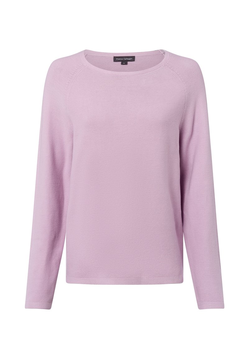 Maglione a maniche lunghe di colore lilla con scollo rotondo e piccola etichetta nera sul colletto che recita "Franco Callegari S."