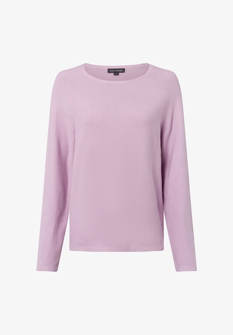 Lichtpaarse lange mouwen gebreide trui met ronde halslijn en een klein zwart label op de kraag met de tekst "Franco Callegari S."