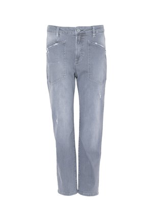 Lichtgrijze denim jeans met een rechte pasvorm, gedetailleerd met versleten plekken en twee voorzakken met rits.