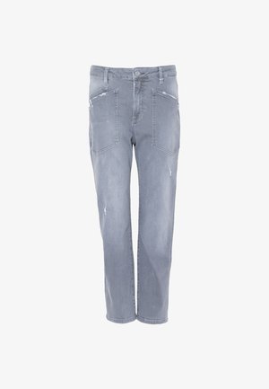 Lichtgrijze denim jeans met een rechte pasvorm, gedetailleerd met versleten plekken en twee voorzakken met rits.