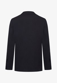 Marineblazer med struktureret design, lange ærmer og notch-krave. Glat stof uden synlige mønstre eller dekorationer.