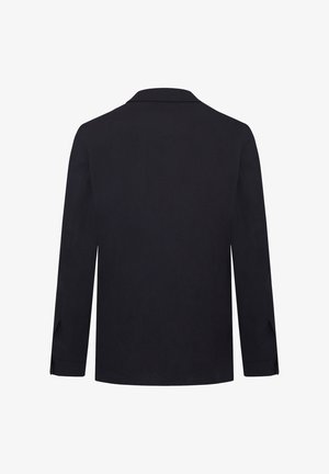 Marineblazer mit strukturiertem Design, langen Ärmeln und Reverskragen. Glattes Material ohne sichtbare Muster oder Verzierungen.