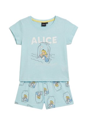 Conjunto de pijama infantil en azul claro que presenta a Alicia de Alicia en el País de las Maravillas atrapada dentro de frascos de vidrio como diseño principal en la camiseta y los pantalones cortos.