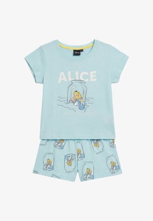 Conjunto de pijama infantil en azul claro que presenta a Alicia de Alicia en el País de las Maravillas atrapada dentro de frascos de vidrio como diseño principal en la camiseta y los pantalones cortos.