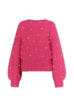 Pehmeä vaaleanpunainen neulepaita, jossa on pyöreä kaula-aukko ja pitkät, pallomaiset hihat, koristeltuna koristeellisin helmikoristein koko matkalta.