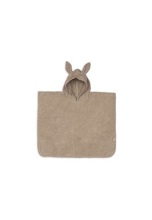 Poncho serviette à capuche beige avec des oreilles d'animaux sur la capuche, en tissu éponge doux, conçu pour les enfants.