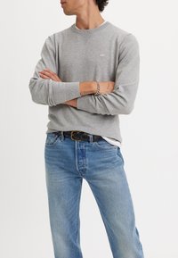 Gray cotton sweatshirt with long sleeves and ribbed neckline, paired with light blue denim jeans and a black braided belt.