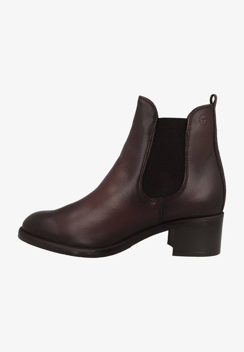 Bottine en cuir marron foncé avec empiècement latéral élastique, talon bas bloc et languette à l'arrière.