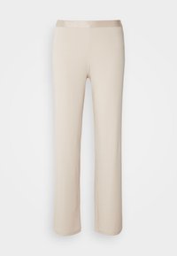 Pantalon droit beige avec taille élastique, fabriqué en tissu lisse, présenté sur un fond blanc uni.
