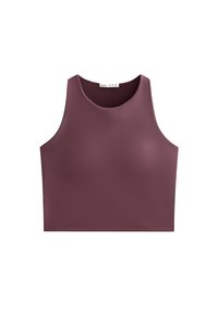 Burgundijska kratka majica iz gladkega, raztegljivega blaga. Ima okroglo ovratnico in široke naramnice, zasnovana za udobje.