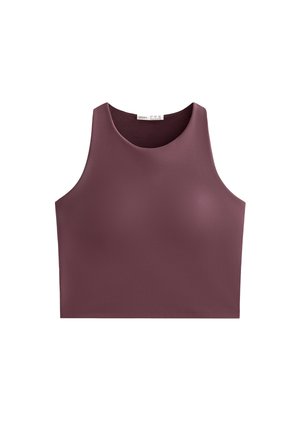 Top cropped bordeaux realizzato in tessuto liscio e elasticizzato. Presenta un colletto rotondo e spalline larghe, progettato per il comfort.