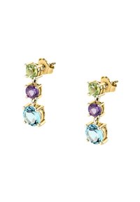 Orecchini a goccia in tonalità oro con tre pietre decorative rotonde: verde chiaro, viola e azzurro, incastonate in un design metallico elegante.