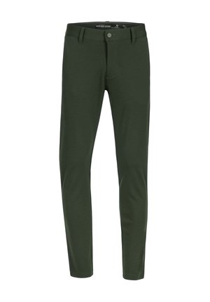 Vihreät slim-fit-housut joustavasta kankaasta. Varustettu nappikiinnityksellä ja etutaskuilla. Silkkinen pinta yksinkertaisella muotoilulla.