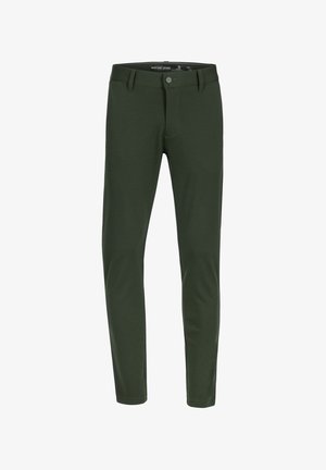 Grüne Slim-Fit-Hosen aus dehnbarem Material. Verfügt über einen Knopfverschluss und Fronttaschen. Glatte Textur mit einem schlichten Design.