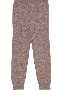 Bløde brune baby leggings i strik med elastisk talje og ribkanter på en hvid baggrund.