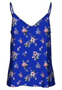 Blue sleeveless camisole with pink and white floral pattern and green leaves, featuring thin straps and a slight V-neckline.