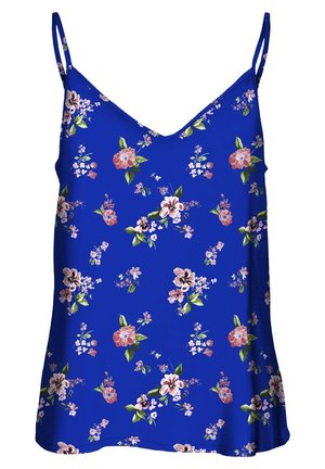 Blaues ärmelloses Top mit pink-weißer Blumenmusterung und grünen Blättern, mit dünnen Trägern und einem leichten V-Ausschnitt.