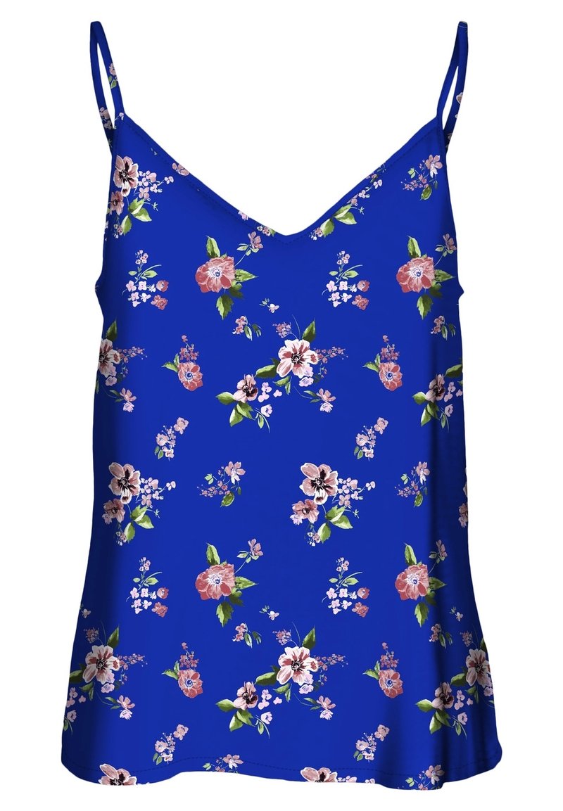 Blue sleeveless camisole with pink and white floral pattern and green leaves, featuring thin straps and a slight V-neckline.