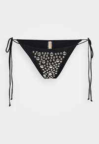 Čierne bikiny s nastaviteľnými viazaniami po stranách, s množstvom kruhových rhinestonov usporiadaných v gradientovom vzore na prednom panely.