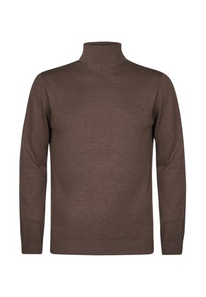 Maglione a collo alto marrone in un morbido tessuto lavorato a maglia, con maniche lunghe e polsini e orlo a costine. Design semplice e aderente, senza motivi o accenti.