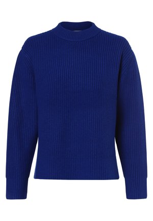 Pull en maille côtelée bleu à manches longues et col montant rond, présenté sur un fond blanc.