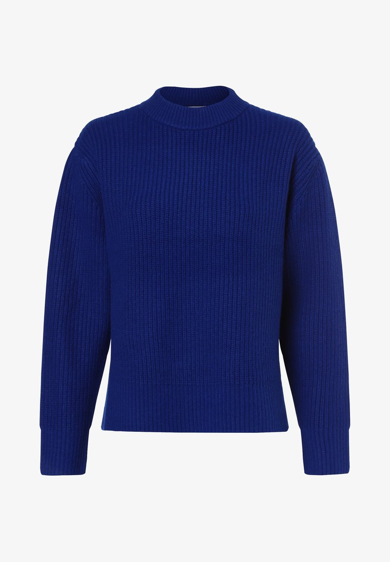 Pull en maille côtelée bleu à manches longues et col montant rond, présenté sur un fond blanc.