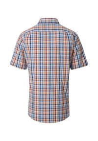 Short-sleeve checked shirt in blue, orange, and white. Features a standard collar, soft fabric, and a straight back hem.