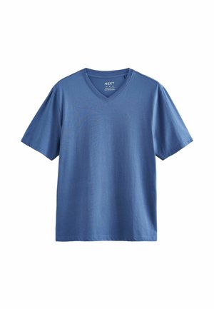 Blue short-sleeve men's V-neck T-shirt with regular fit, made from smooth fabric, labeled "Next" brand, medium size.