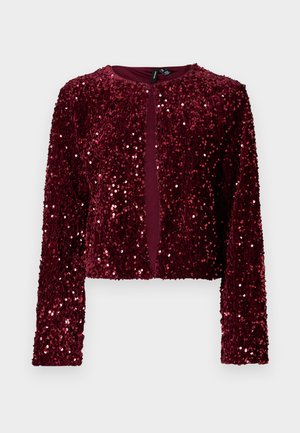 Jachetă burgundy scurtă, cu mâneci lungi, acoperită cu paiete strălucitoare. Prezintă un guler rotund și un design cu fața deschisă.
