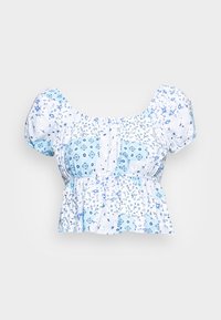 Blusa com padrão floral azul e branco, com mangas curtas bufantes, cintura elástica e estilo peplum. Feita de um tecido leve.